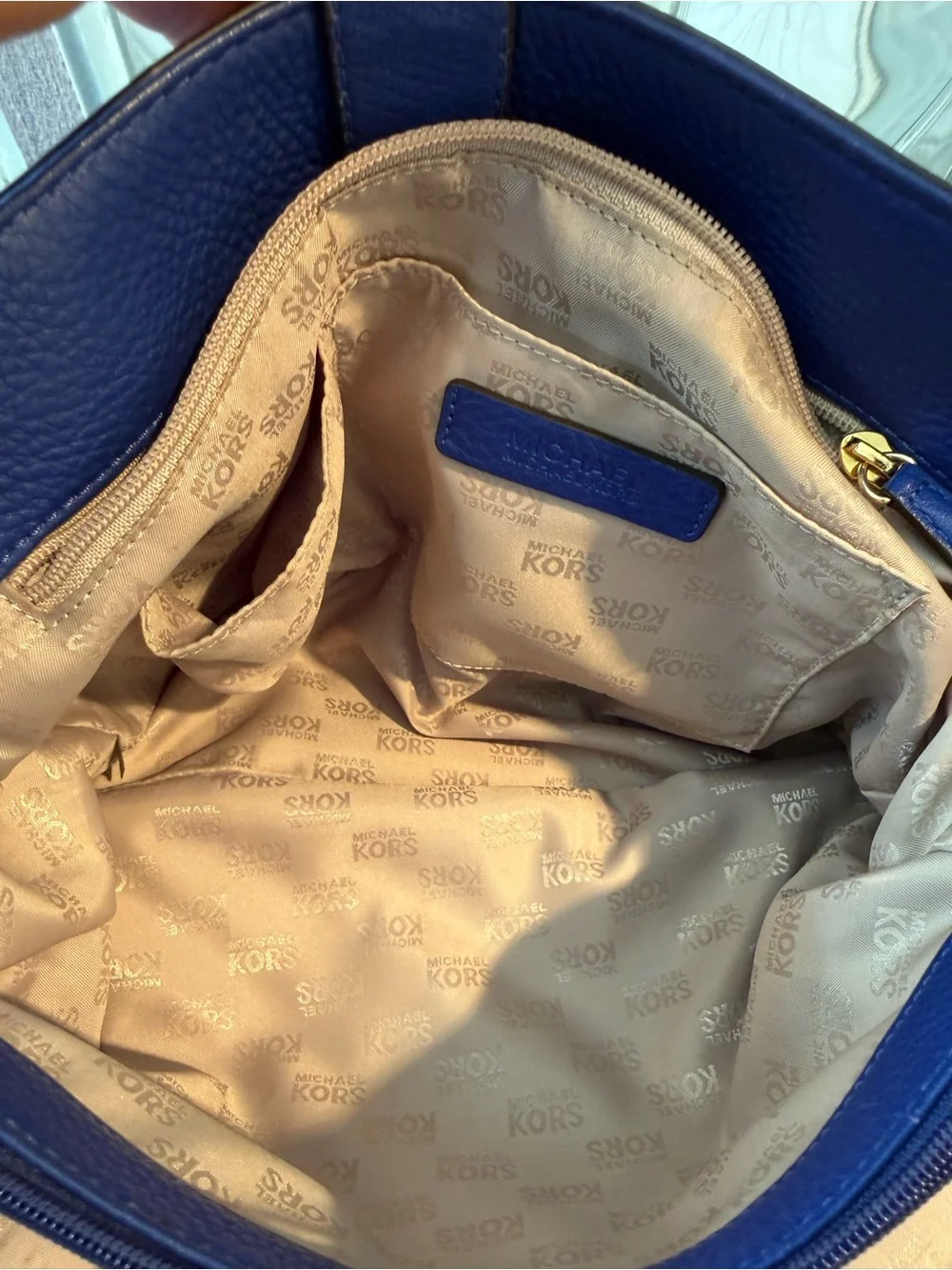 Michael Kors Cobalt Blue Large Hamilton Satchel, Crossbody Strap Gold Hardware.